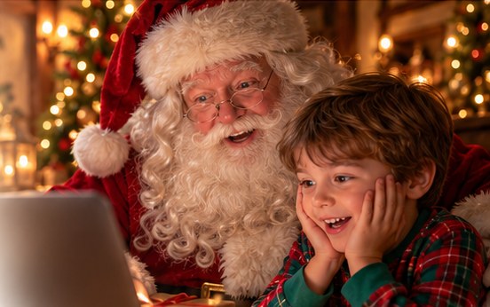 Santa and a child watching a video together on a laptop